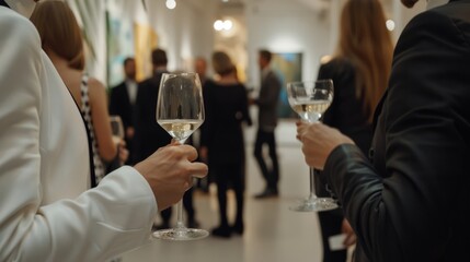 People in formal attire chat and enjoy drinks at an art gallery opening, creating a lively and cultured atmosphere filled with anticipation and appreciation.