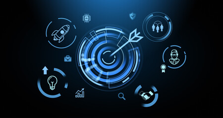 Glowing dartboard with arrow, work process and business goal