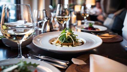 Sophisticated meal presentation on restaurant table with wine