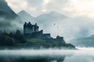 A misty castle stands proud against a serene lake. Mountains rise softly in the background. This dreamy landscape invites exploration and imagination. Generative AI.