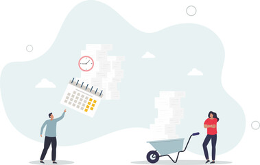 wheelbarrow full of paper documents, sorting unorganized stacks and heap.flat characters.