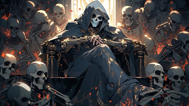 A warlord sitting on a throne of bones, watching his enemies crumble from defeat, colorful anime style