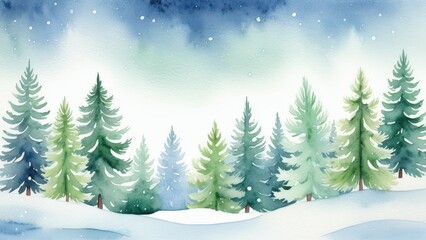 Obraz premium Christmas background with a peaceful watercolor winter forest, snow-covered pine trees, soft shades of green and blue, gentle snowfall, serene and calming holiday atmosphere