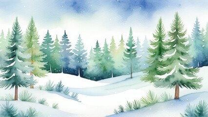 Fototapeta premium Christmas background with a peaceful watercolor winter forest, snow-covered pine trees, soft shades of green and blue, gentle snowfall, serene and calming holiday atmosphere