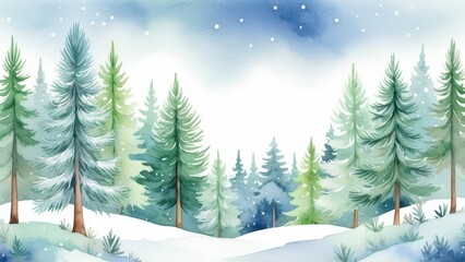 Naklejka premium Christmas background with a peaceful watercolor winter forest, snow-covered pine trees, soft shades of green and blue, gentle snowfall, serene and calming holiday atmosphere