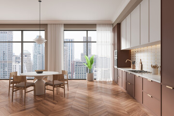 Modern Kitchen Interior with City View. 3D Rendering