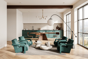 Modern living room with teal armchairs, wooden furniture, large windows, elegant lighting, and kitchen in background. Concept of comfort. 3D Rendering