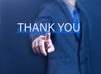 Businessman using laptop and showing thank you message. Concept of congratulation, appreciation, presentation from digital technology. Thank you in business and gratitude.