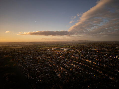 CHELTENHAM, UK - OCTOBER 30, 2024: Drone aerial view of Cheltenham town centre and GCHQ building