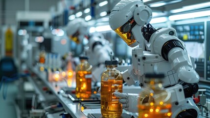 Fototapeta premium Robotic arm operating in a highly automated and computerized manufacturing facility showcasing the advanced technology and efficiency of modern industrial production processes