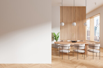 Home living room interior with eating table and chairs, window. Mockup wall