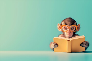 A series of cute photographs featuring a baby monkey engaged in various activities, such as reading, writing, and playing chess, each against a simple indoor background.