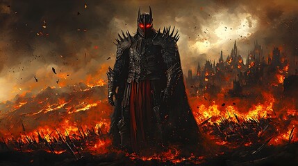 Ominous Armored Lord Looming in Shadows with Glowing Red Eyes and Jagged Spikes