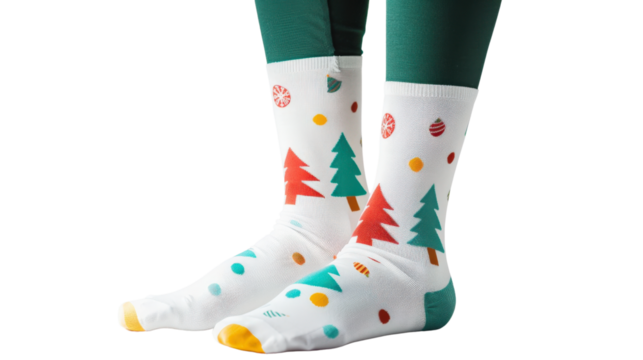 Decorative Christmas socks with colorful patterns, white background.