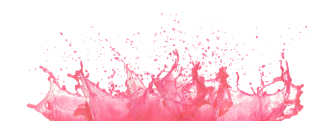 Strawberry pink Juice pouring and splash as crown water. Watermelon juice explode splash in mid air. Strawberry watermelon raspberry pink liquid element water. White background isolated photography
