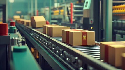 Bustling Food Packaging Factory Interior with Conveyor Belts Moving Sealed Paper Boxes and