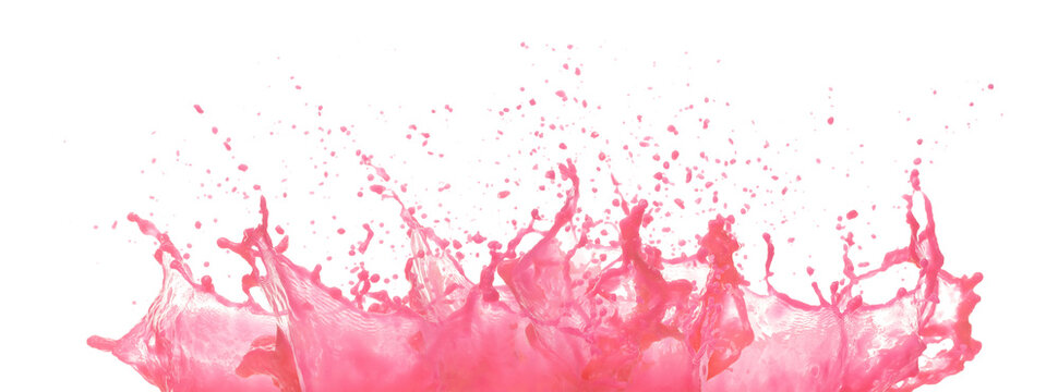 Strawberry pink Juice pouring and splash as crown water. Watermelon juice explode splash in mid air. Strawberry watermelon raspberry pink liquid element water. White background isolated photography