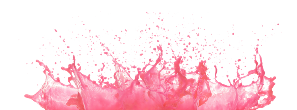 Strawberry pink Juice pouring and splash as crown water. Watermelon juice explode splash in mid air. Strawberry watermelon raspberry pink liquid element water. White background isolated photography