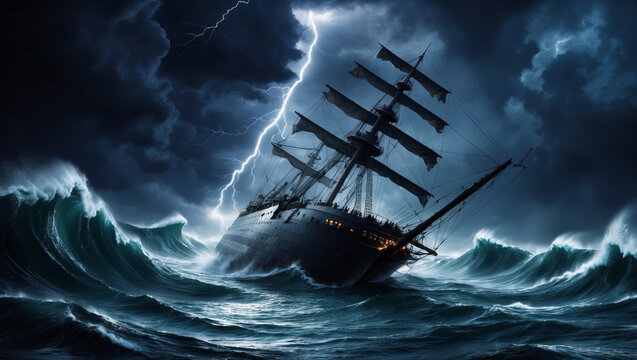 Sinking Ship: A ship caught in rough waves, half submerged in the water, representing failure and a mission gone awry.