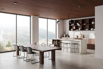 Modern home kitchen interior with dining table, island and panoramic window