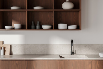 Modern Kitchen Interior with Wooden Cabinets. 3D Rendering