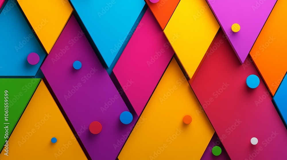 Poster colorful background with many different colored squares and triangles. the squares and triangles are