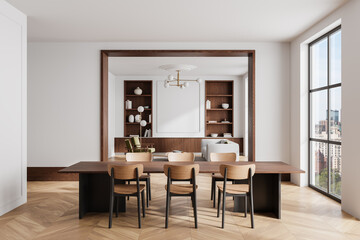 Home living room interior with rest and eating zone, window and mockup frame