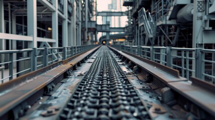 Fototapeta premium An industrial setting with railroad tracks leading into the distance, flanked by massive steel structures, encapsulates strength and endless possibility.