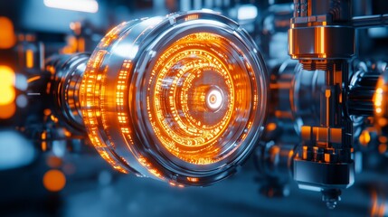 Fototapeta premium Futuristic glowing mechanism with intricate details and vibrant orange light.