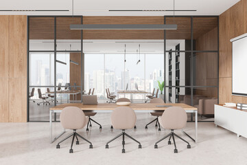 Wooden office interior with meeting and coworking room, panoramic window
