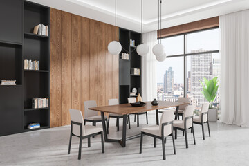 Modern living room interior with table and chairs, shelf and panoramic window