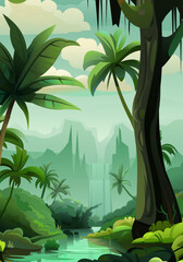 Creek. Jungle forest. Palm trees and tropical plants. Southern thicket. Nature view. Beautiful funny cartoon style. Fun scenario. Vector