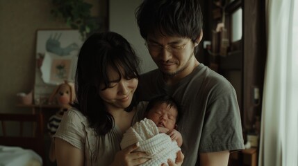 Obraz premium A tender moment of a family embracing their newborn in soft natural light, capturing love and new beginnings.