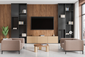 Modern living room with wood panel wall and TV. 3D Rendering