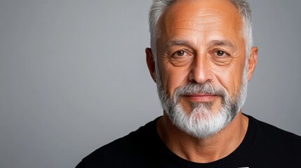 Obraz premium Man with a beard and gray hair is smiling for the camera. He is wearing a black shirt and he is happy