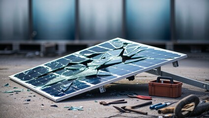 Detailed View of a Cracked and Shattered Solar Panel on the Ground, Suitable for Renewable Energy Discussions and Environmental Impact Presentations