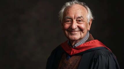 Man in a black robe with a red graduation cap and gown. He is smiling and looking at the camera