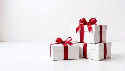 Stacked festive gift boxes with red ribbons on white background for holiday celebration