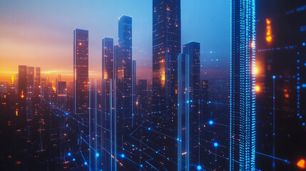 Fototapeta premium Smart digital city with connection cyber security network reciprocity over the cityscape . future smart wireless digital city and social media networking systems that connects people within the city
