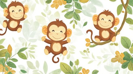Obraz premium Charming Cartoon Monkeys in Tropical Setting