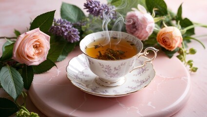Fototapeta premium A Dainty Ornate Cup of Steaming Herbal Tea Ideal for Relaxation and Wellness Promotion in Advertising and Marketing Projects
