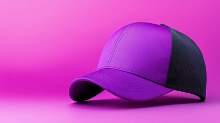 Fototapeta premium Purple and black hat is on a pink background. The hat is a baseball cap. The hat is not in use