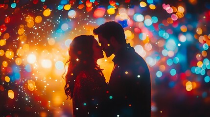 Couple embraces under colorful lights
