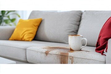 A light gray sofa with a yellow cushion features a noticeable coffee spill on its armrest. A white...