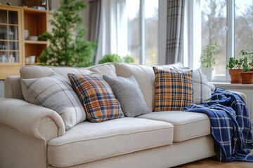 Obraz premium A cozy living room features a soft couch adorned with various throw pillows. Sunlight streams through large windows, illuminating the space. Potted plants add a touch of greenery to this inviting atmo