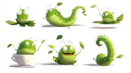 Obraz premium Charming Cartoon Green Tea Worms Collection