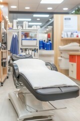 A stylish salon showcases a sleek styling chair ready for clients. The space is equipped with various beauty products and tools, highlighting a warm and inviting atmosphere for hair and beauty treatme