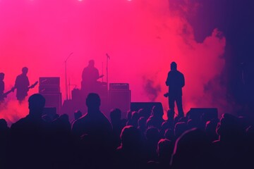 A vibrant concert scene with silhouettes of musicians. Bright pink and purple lights create an electrifying atmosphere. Energetic crowd enjoying live music. Generative AI