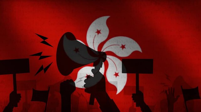 People of Hong Kong Protesting with microphone, fist and flag in the backdrop. 4K Animation of protest in hong kong concept design