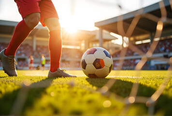 Soccer player approaching ball on grassy field at sunset with goal net in foreground
